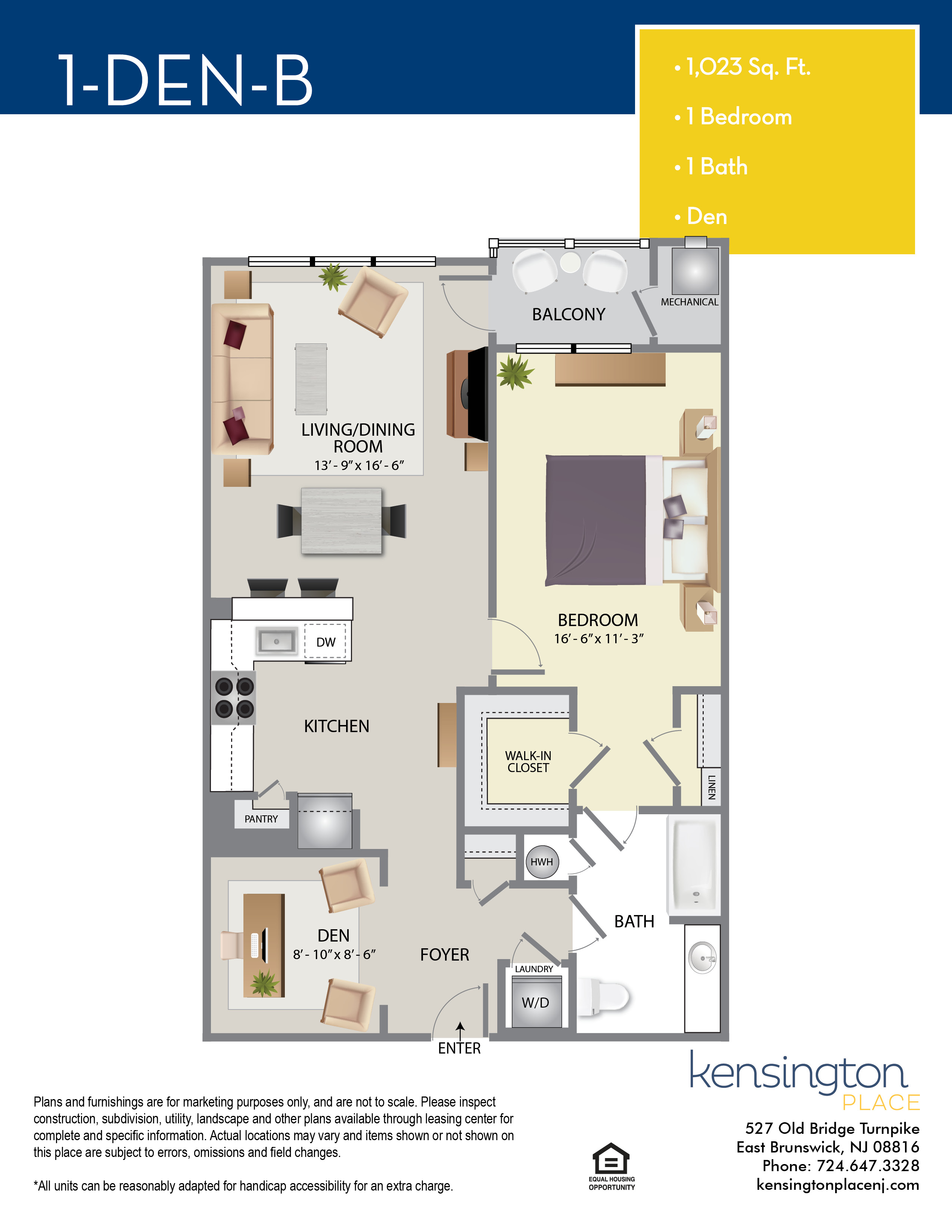 Kensington Place Apartment Floor Plan 1 DEN B