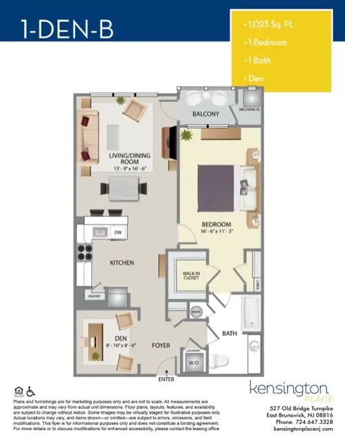 Kensington Place Apartment Floor Plan 1 DEN B